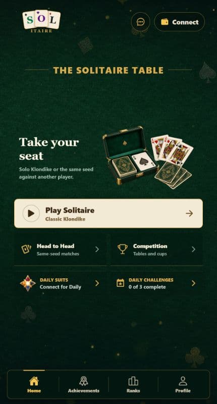 ردهة SOLitaire على الموبايل مع اللعب والتحديات وشريط التنقل السفلي