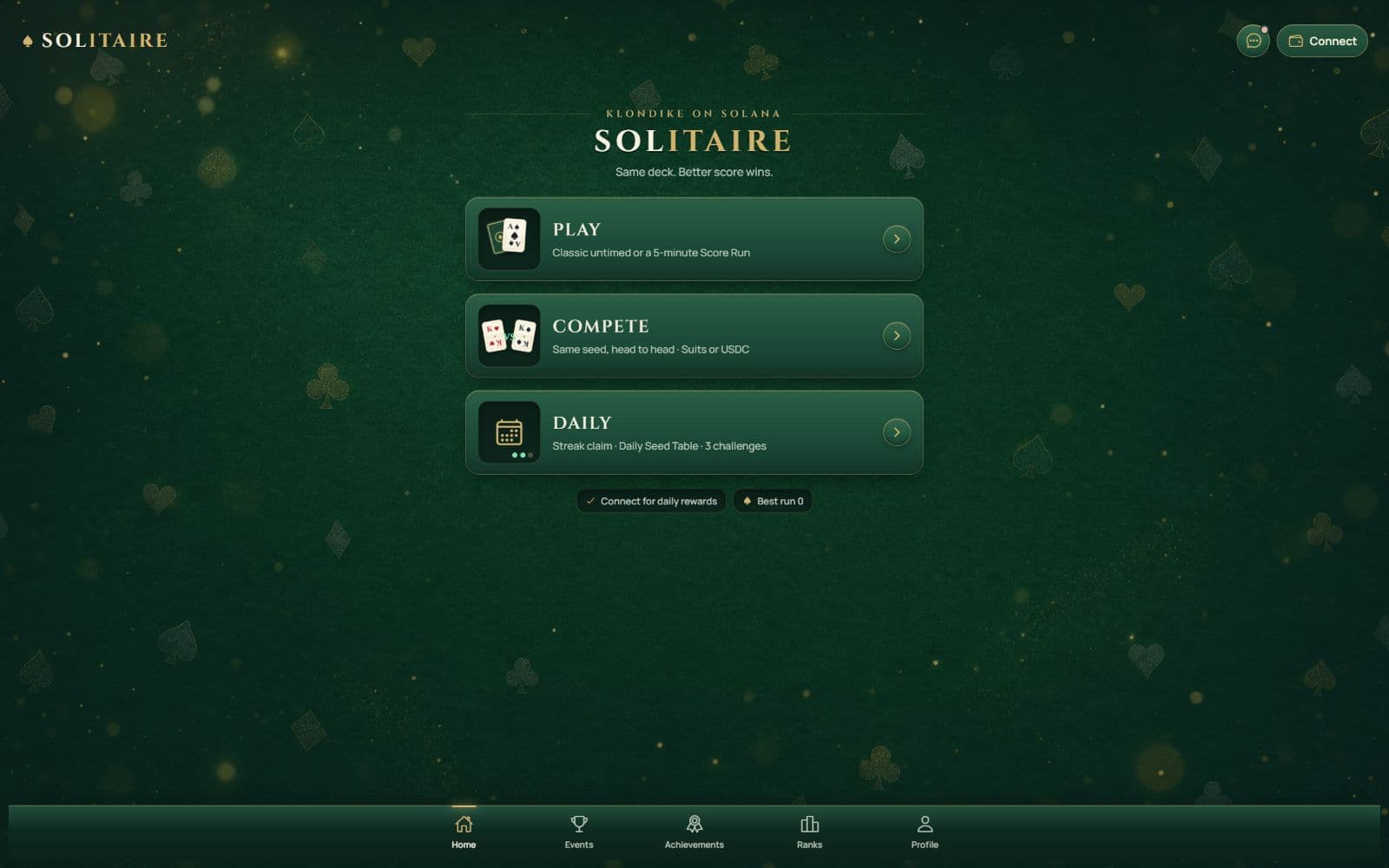 SOLitaire desktop home on emerald baize with the gold wordmark and the Play, Compete and Daily hubs