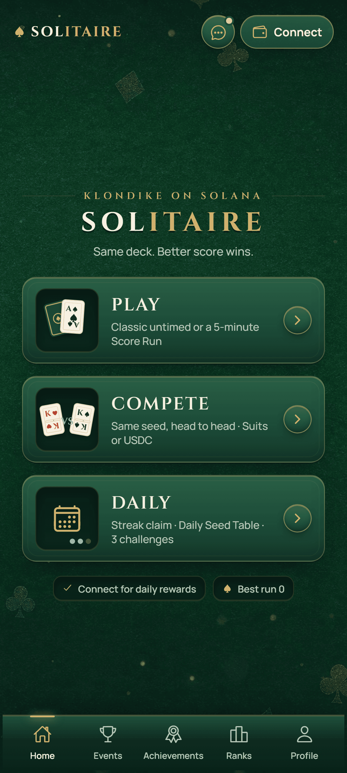 SOLitaire phone home with the Play, Compete and Daily hubs, daily rewards chip and bottom navigation