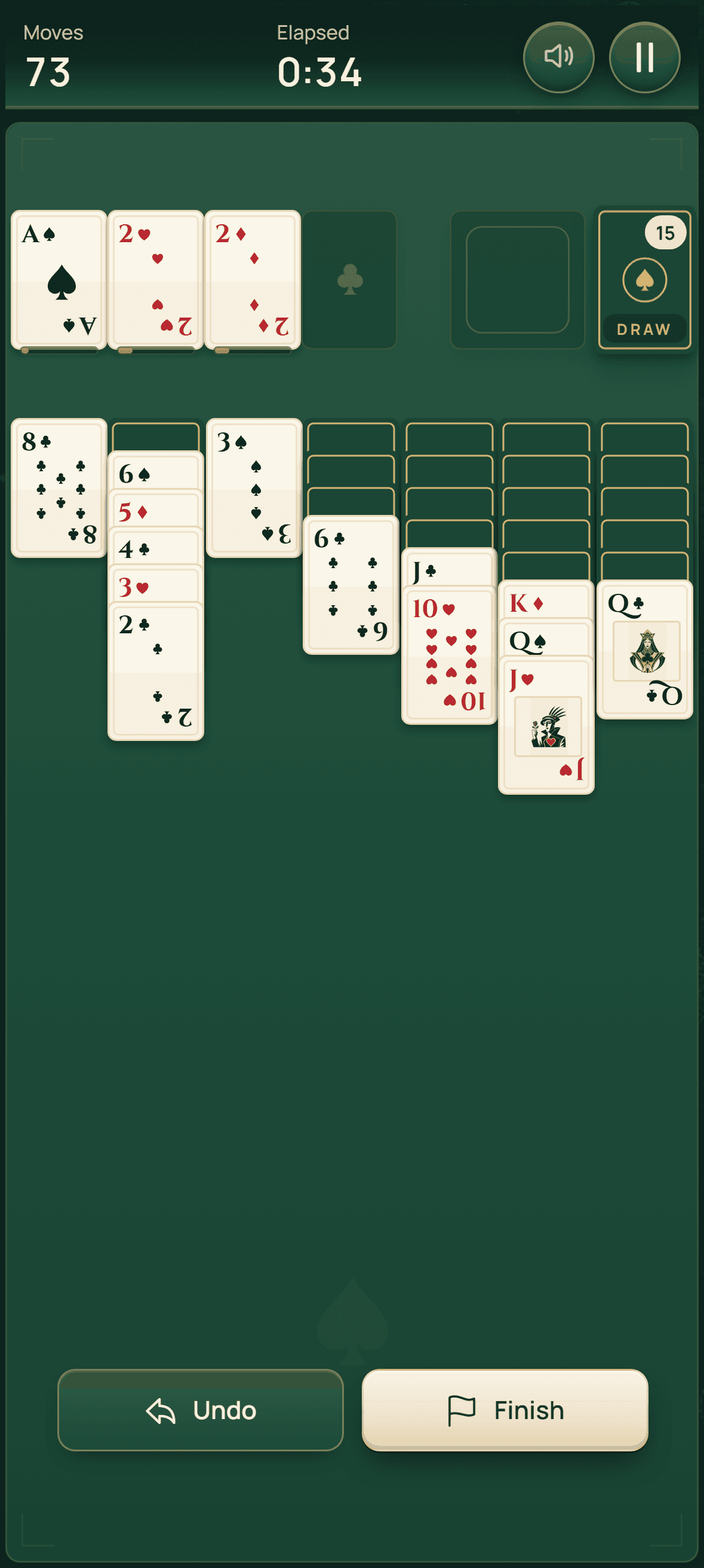 SOLitaire Klondike table on a phone with seven columns, original court card art, stock pile, move counter and timer