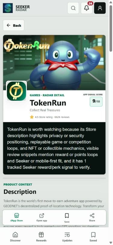 Seeker Radar mobile TokenRun app brief with Store artwork, rating, evidence summary, and app actions