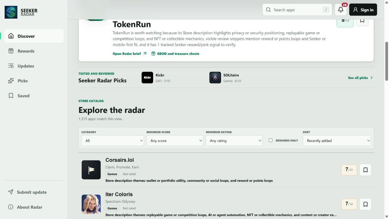 Seeker Radar desktop app catalog with discovery navigation, filters, app listings, and evidence scores