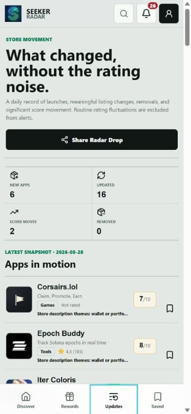 Seeker Radar mobile daily update feed showing snapshot totals and apps with meaningful changes